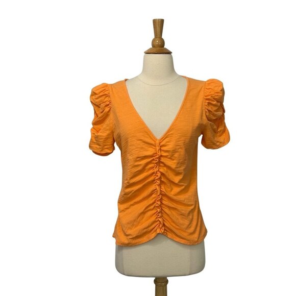 Nation LTD Giada Top Ruffled V-Neck Slub Poplin Puff Sleeve Cotton Orange Size M - Picture 9 of 9